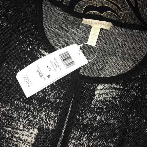 Eileen Fisher Fine Organic Linen Crepe Knit BLACK BONE Cardigan Large $298 NWT - Picture 5 of 7